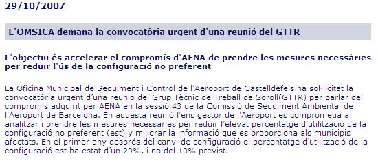 Noticia publicada en la web de la OMSICA del Ayuntamiento de Castelldefels informando que han solicitado una reuni�n del GTTR de manera urgente (29 octubre 2007)